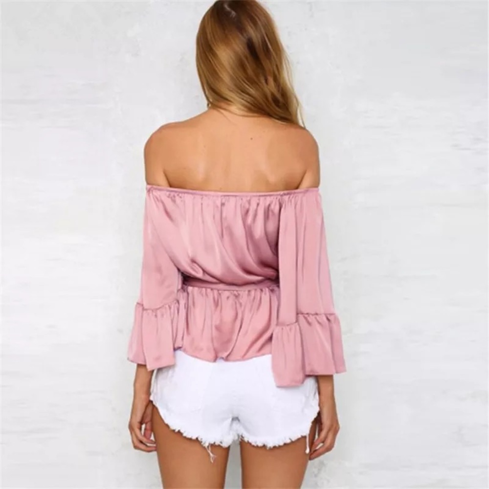 Off Shoulder Mauve Satin Tie Waist Blouse - Picture 3 of 6